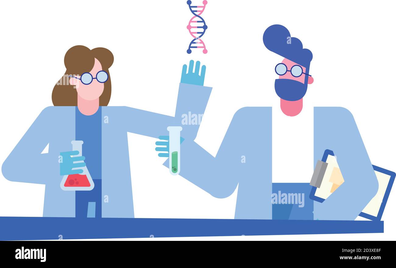 chemical man and woman with flask tube and dna at desk design, science ...