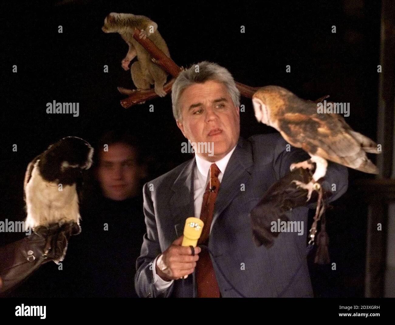 Talk show host Jay Leno shines a flashlight on nocturnal animals, including a pair of owls during a special taping of "The Tonight Show with Jay Leno "Unplugged" at NBC studios in Burbank, California June 21, 2001. The show was lit without normal studio lighting in tribute to the California energy crisis. Audience members held flashlights on Leno and his guests to provide illumination for the show.  FSP/SV Stock Photo