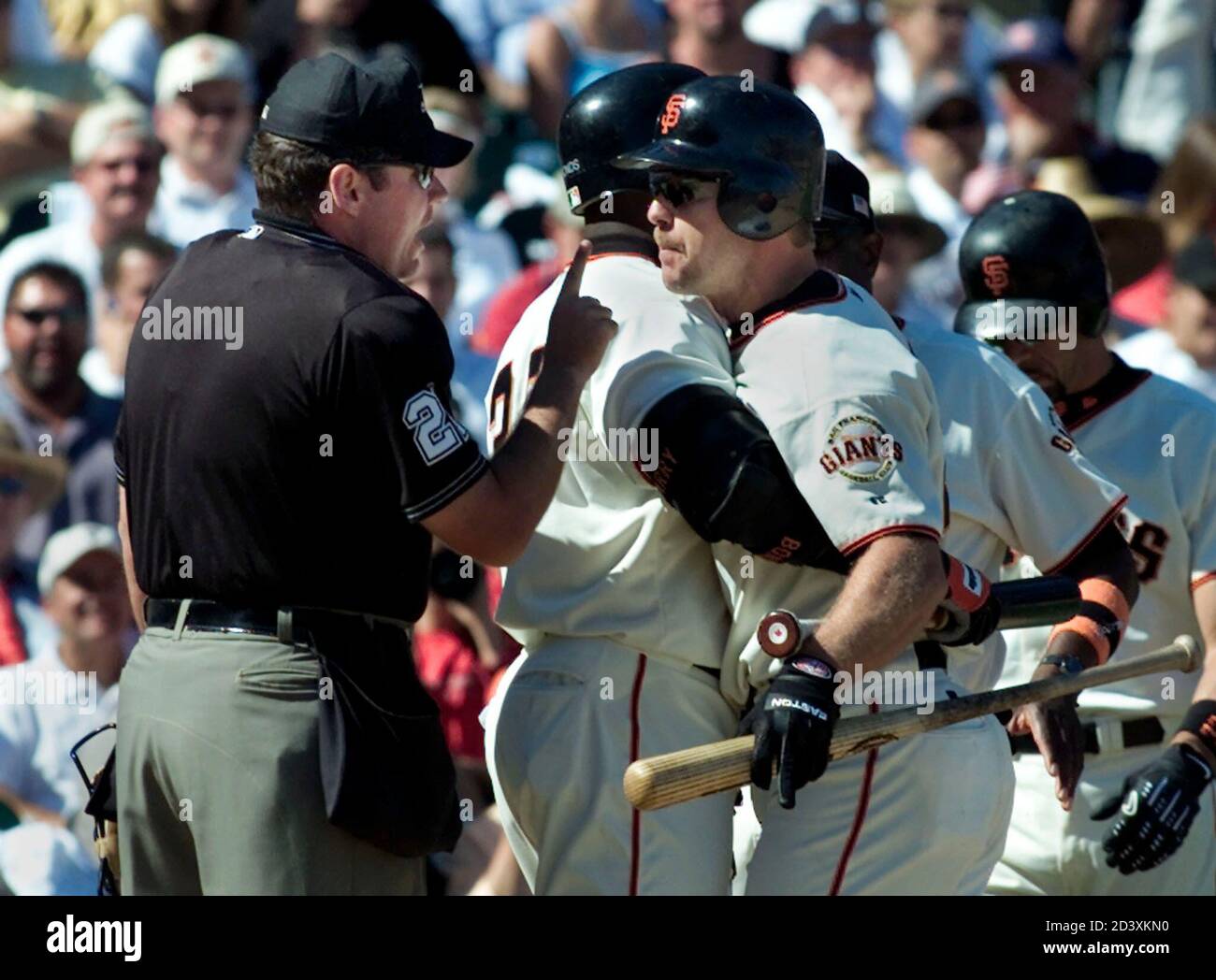 San Francisco Giants Jeff Kent R Is Held Back By Teammate Barry Bonds As He And Home Plate Umpire Hunter Wendelstedt L Exchange Angry Words After Wendelstedt Called Kent Out On Strikes San Francisco Giants Jeff Kent R Is Held Back By Teammate Barry Bonds As He And Home Plate Umpire Hunter Wendelstedt L Exchange Angry Words After Wendelstedt Called Kent Out On Strikes