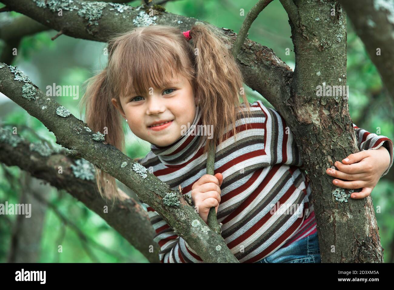 Portrait of little girl sitting on a tree in the garden Stock Photo - Alamy