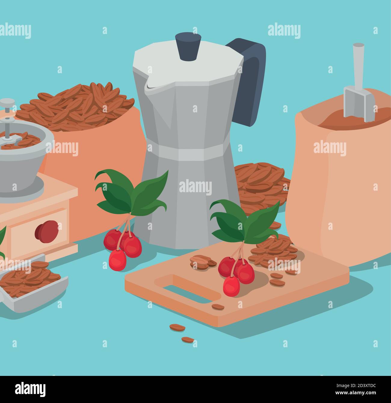 coffee moka pot bag grinder beans berries and leaves vector design Stock Vector Image & Art Alamy