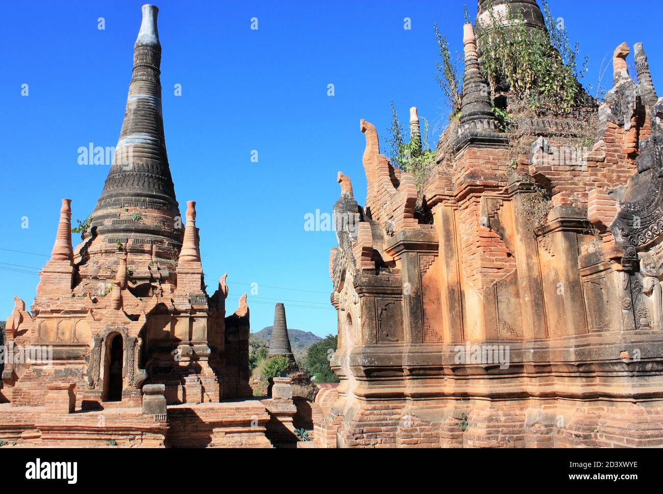 Old stone pagodas with green plants growing out of them at In Dien located on the southwestern side of Inle Lake, Myanmar Stock Photo