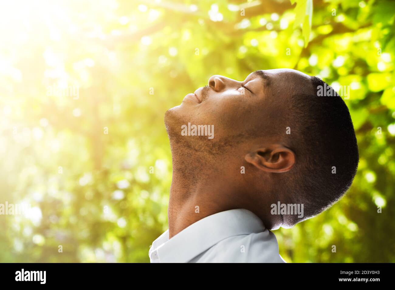 Breath Clean Air. Relax In Nature With Closed Eyes Stock Photo