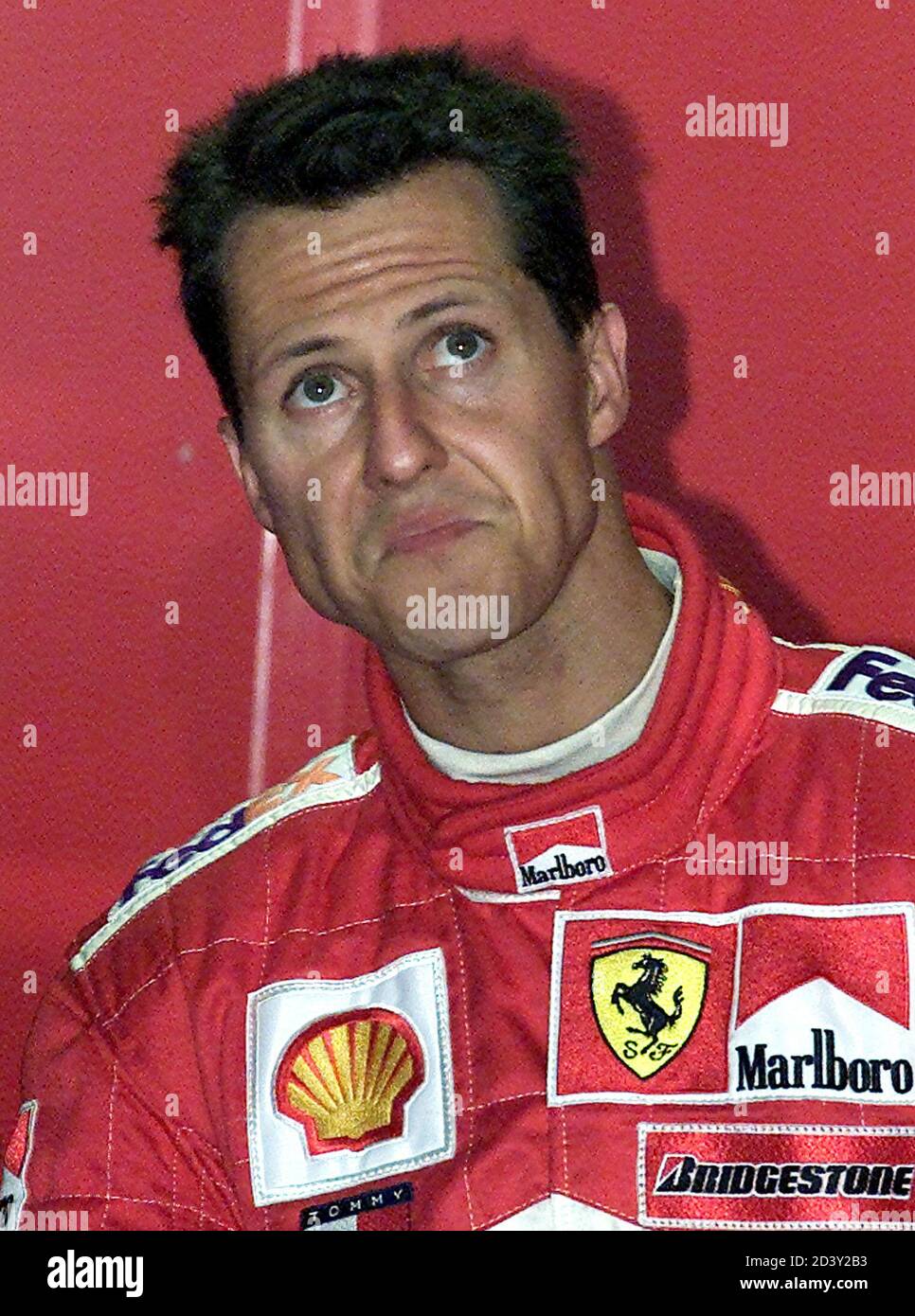 Germany's Ferrari World Champion Michael Schumacher reacts in the pit ...