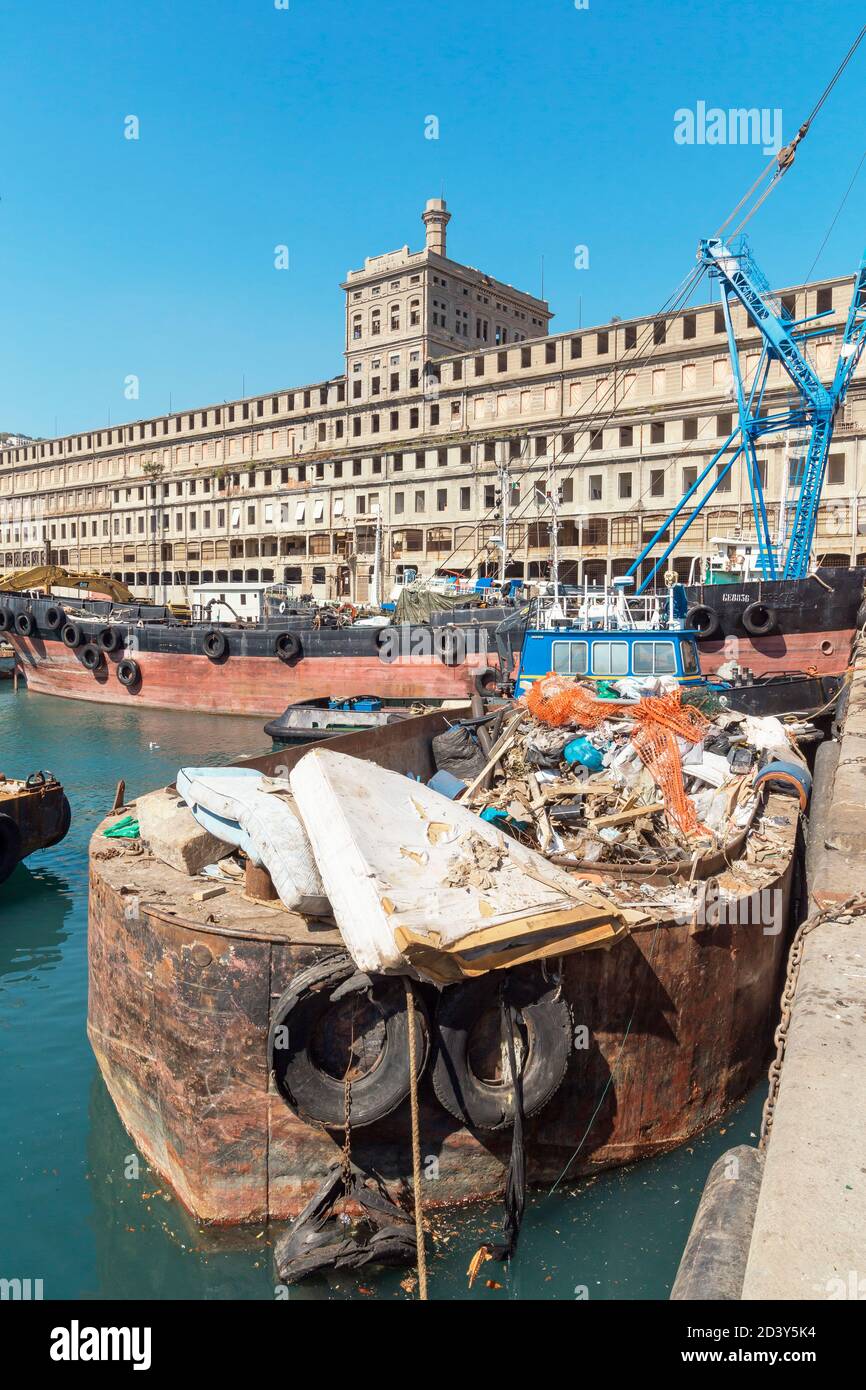 A garbage collection boat, Genoa, Liguria, Italy, Europe Stock Photo