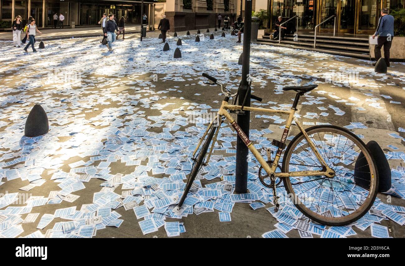 Anti-austerity leaflets litter the streets in the Financial District, Buenos Aires, Argentina Stock Photo