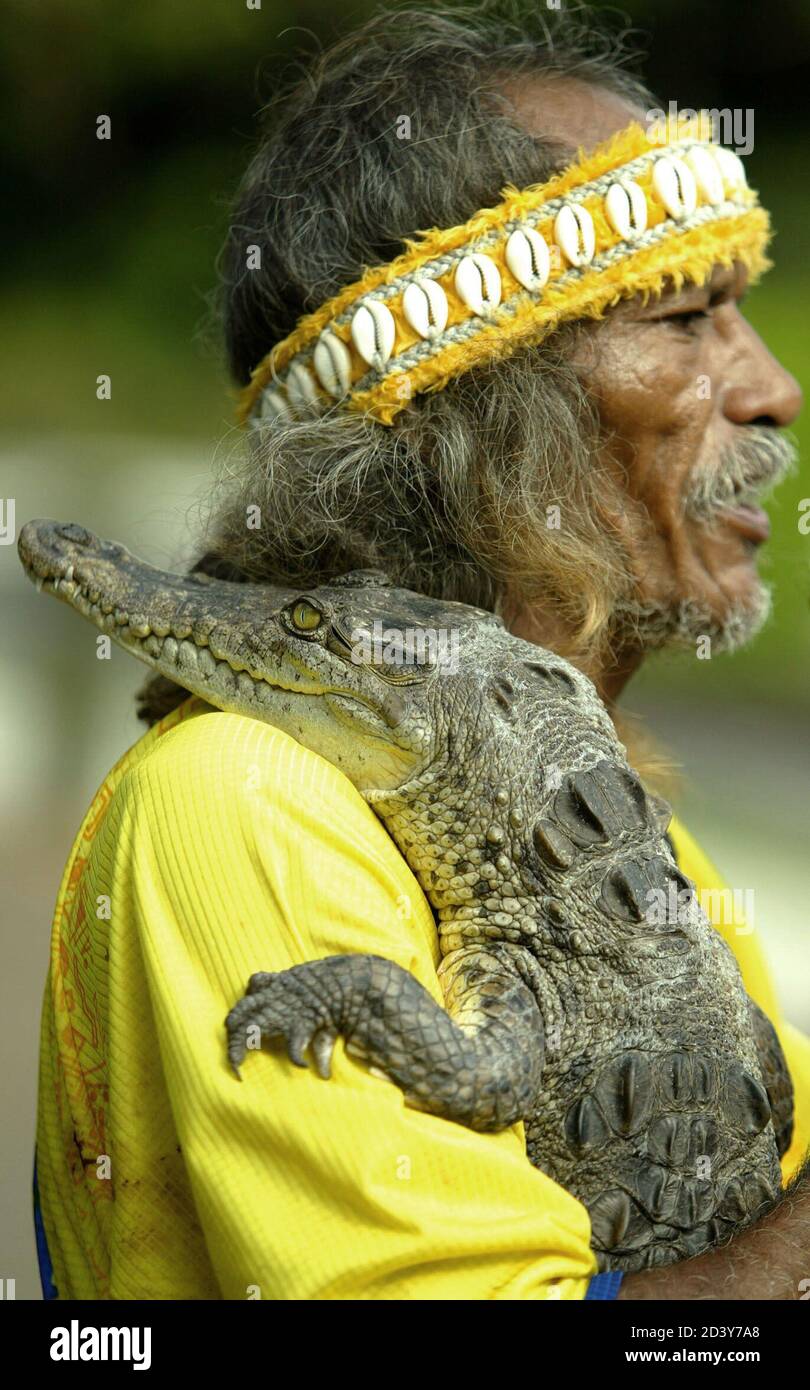66 yr-old Mexican Eroberto Piza Rios, better known as 'Tamacun,' embraces a crocodile after a show in Playa Linda Ixtapa in Mexican State of Guerrero on August 1, 2003. Tamacun has rised and trained at least 47 crocodiles which grow up to five meters in length. Tamacun wears the yellow jersey of his favorite mexican soccer team 'America' and also names his crocodiles after former players. REUTERS/Daniel Aguilar TO MATCH FEATURE STORY MEXICO-CROCODILES    PP03080024  DA Stock Photo