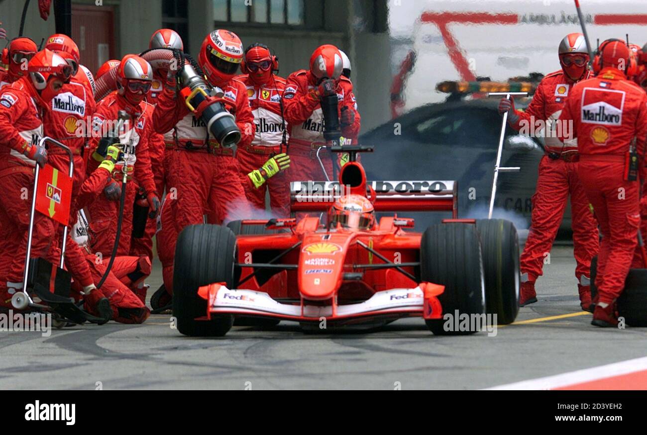 Formula One world champion Michael Schumacher speeds out of the pit area  during the Spanish Formula One Grand Prix at the Circuit de Catalunya April  29, 2001. [Schumacher won the race ahead