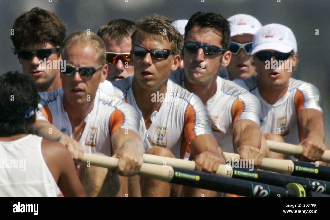 The Netherland men's eights practice on the course at the Schinias Olympic Rowing Centre northeast of Athens August 13, 2004. The Rowing competition for the Athens 2004 Olympic Games begins August 14. REUTERS/Andy Clark  AC/SV Stock Photo