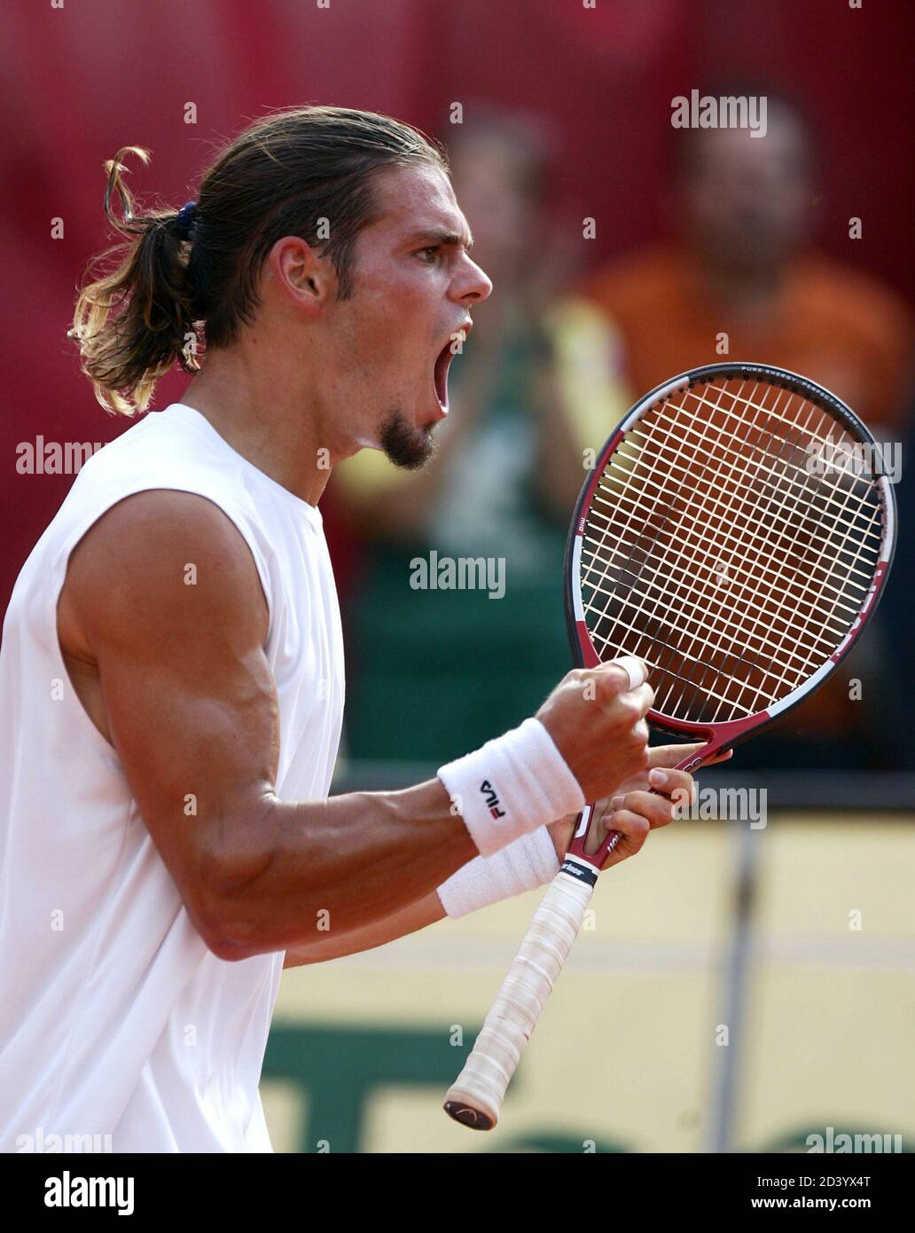 Austria's Koellerer celebrates a point against Tabara of the Czech Republic  in a first round match at the Kitzbuehel Open tennis tournament in Austria.  Austria's Daniel Koellerer celebrates a point against Michal