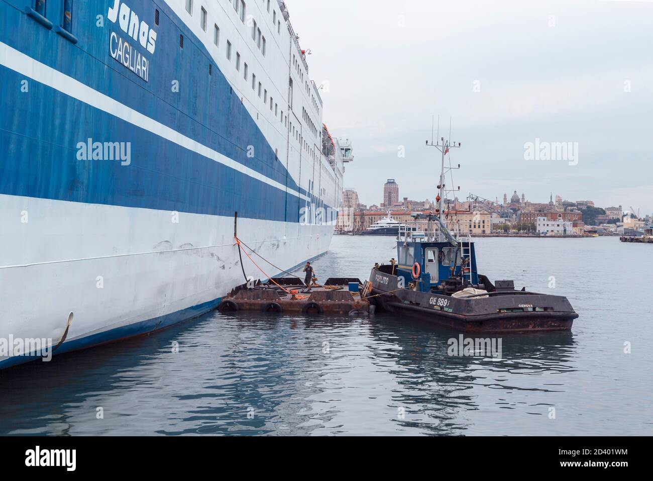 Marine vessel pumping out sewage from a ferry boat, Genoa, Liguria, Italy, Stock Photo