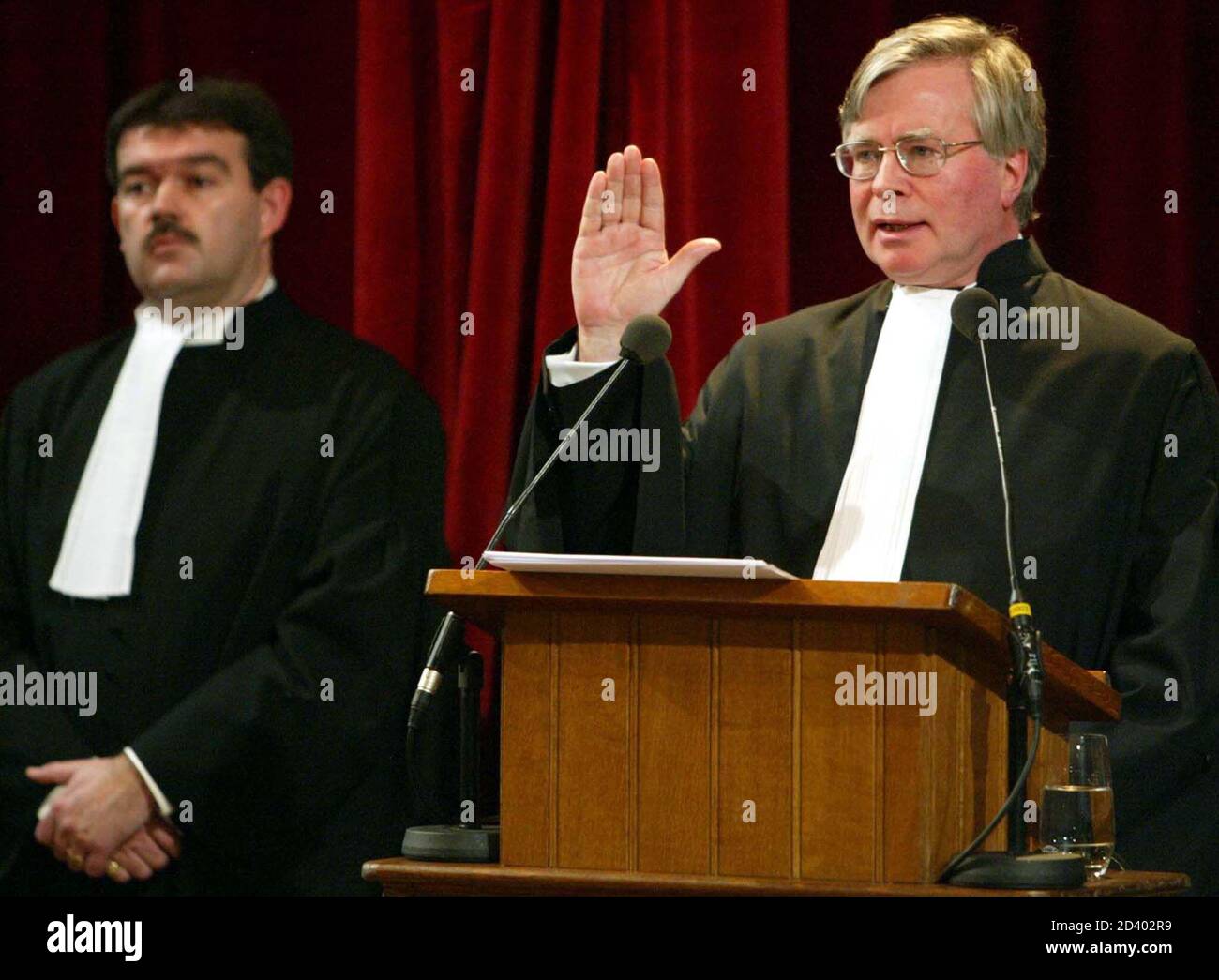 Canadian judge Philippe Kirsch, who was elected to be the first ICC  President, swears in during the inaugural ceremony of International  Criminal Court (ICC) in The Hague, The Netherlands, March 11, 2003.
