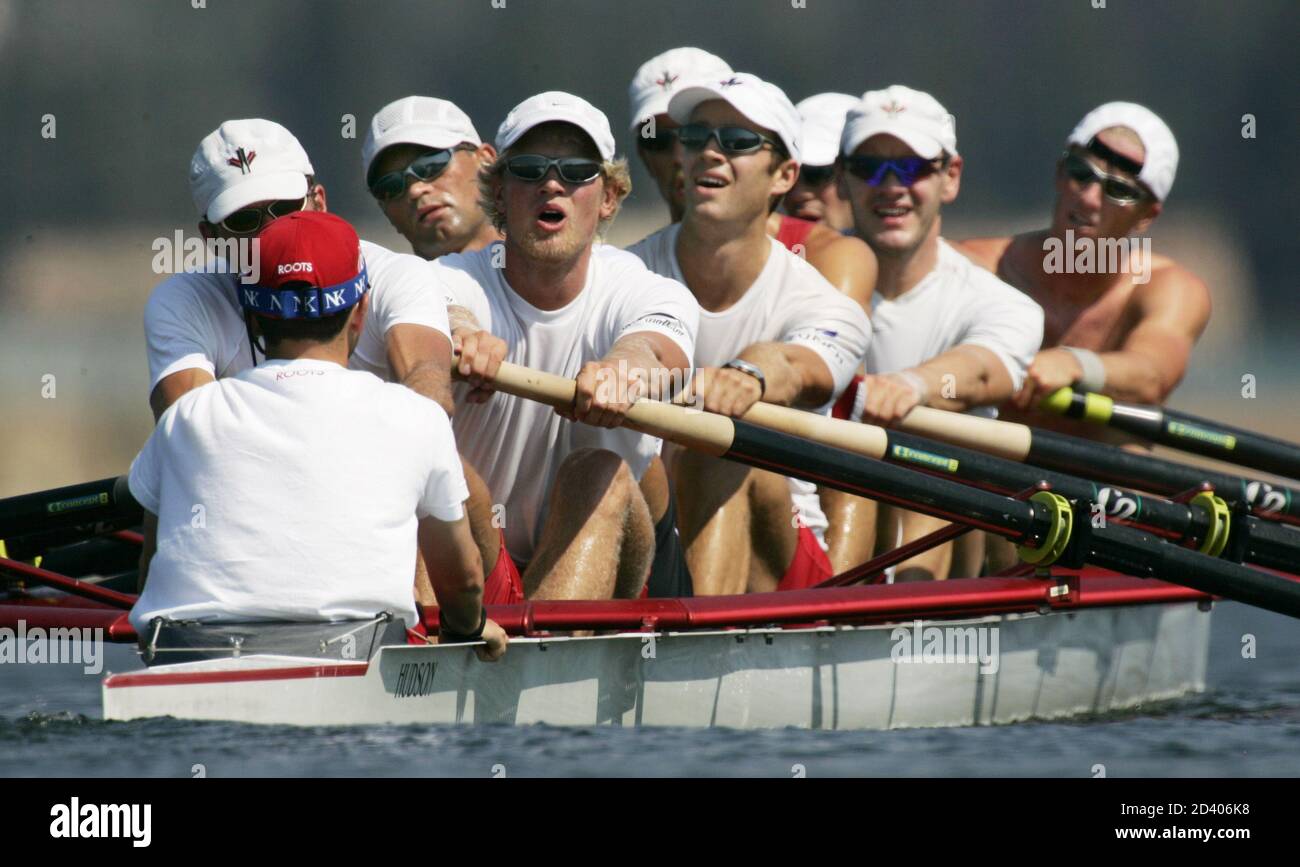 Canada's men's eights react while training at the Schinias Olympic Rowing Centre northeast of Athens August 12, 2004. The Rowing competition for the 2004 Athens Olympic Games begins August 14. REUTERS/Andy Clark  AC/AA Stock Photo