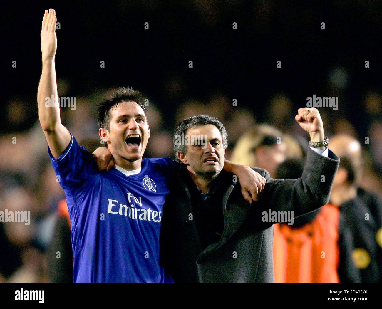 Chelsea S Manager Jose Mourinho R Celebrates With Frank Lampard As The Final Whistle Is Blown Following His Team S Victory During Their Champions League First Knock Out Round Second Leg Match Against Barcelona At