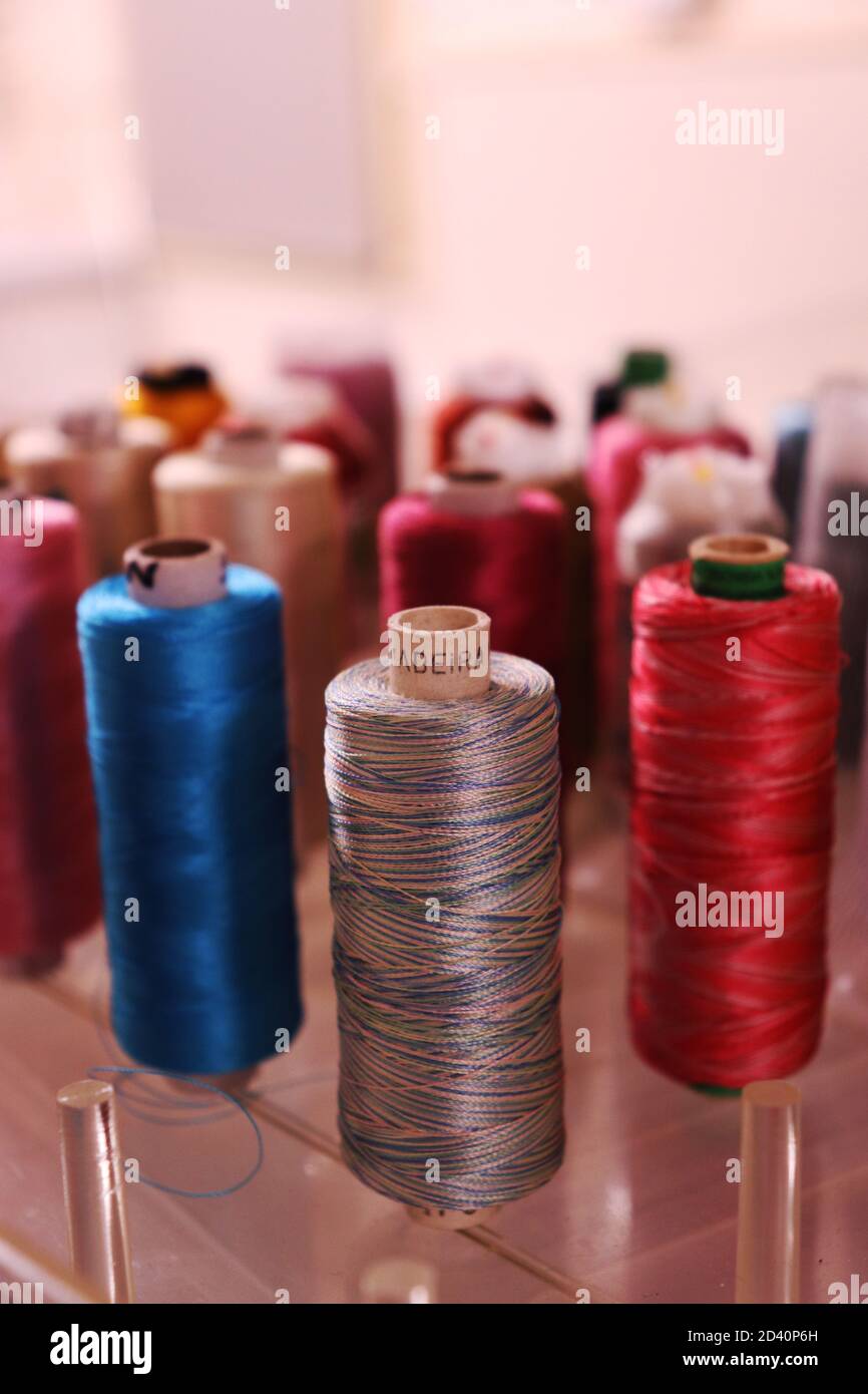 SYDNEY, AUSTRALIA Aug 08, 2020 Colourful sewing threads in blur