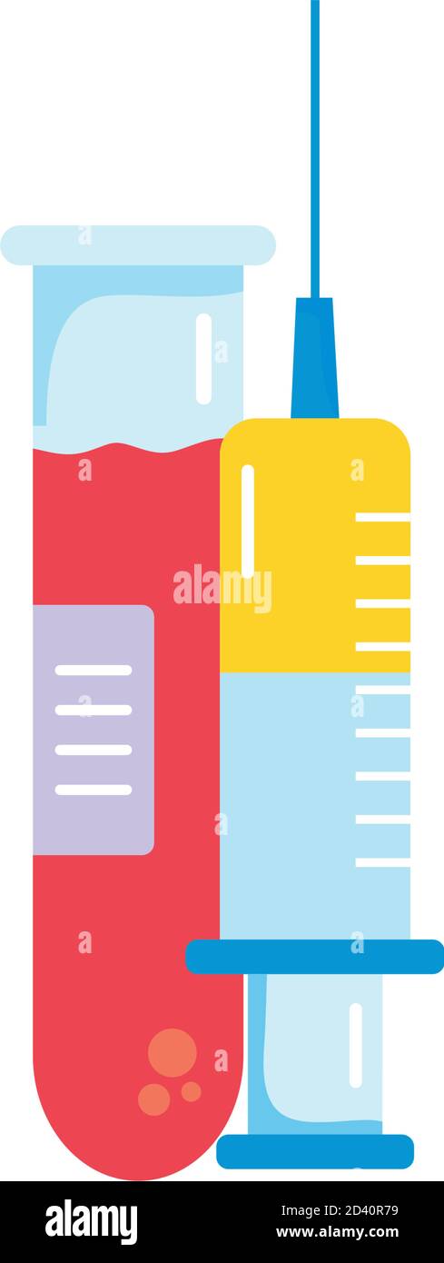 blood test tube and vaccine syringe over white background, flat style ...