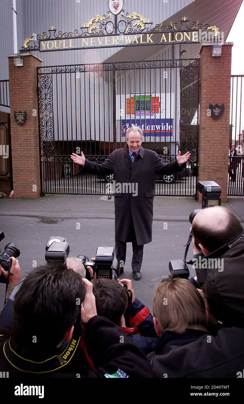 England's Swedish manager Sven Goran Eriksson poses for photographers outside the world famous Shankly Gates, erected in honour of legendary Liverpool manager Bill Shankly, at Anfield, Liverpool, March 19, 2001. England will play Finland at Anfield in a World cup qualifier on Saturday.  DC/PS Stock Photo