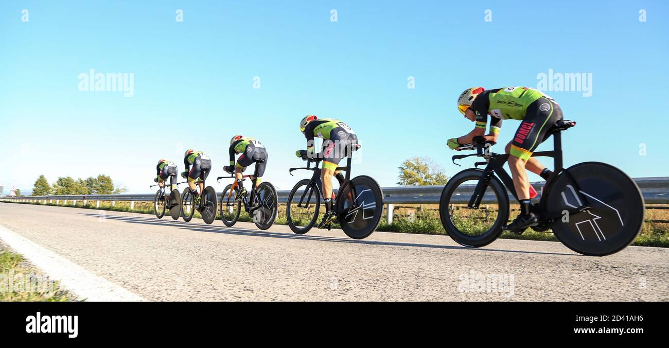 Grado, Italy. 8th Oct, 2020. grado, Italy, 08 Oct 2020, Nik Cemazar, Jaka  Primozic, Luka Lakota, Uros Repse, Matej Drinovec Team KK Kranj during Giro  del Friuli Under 23 Elite - Round