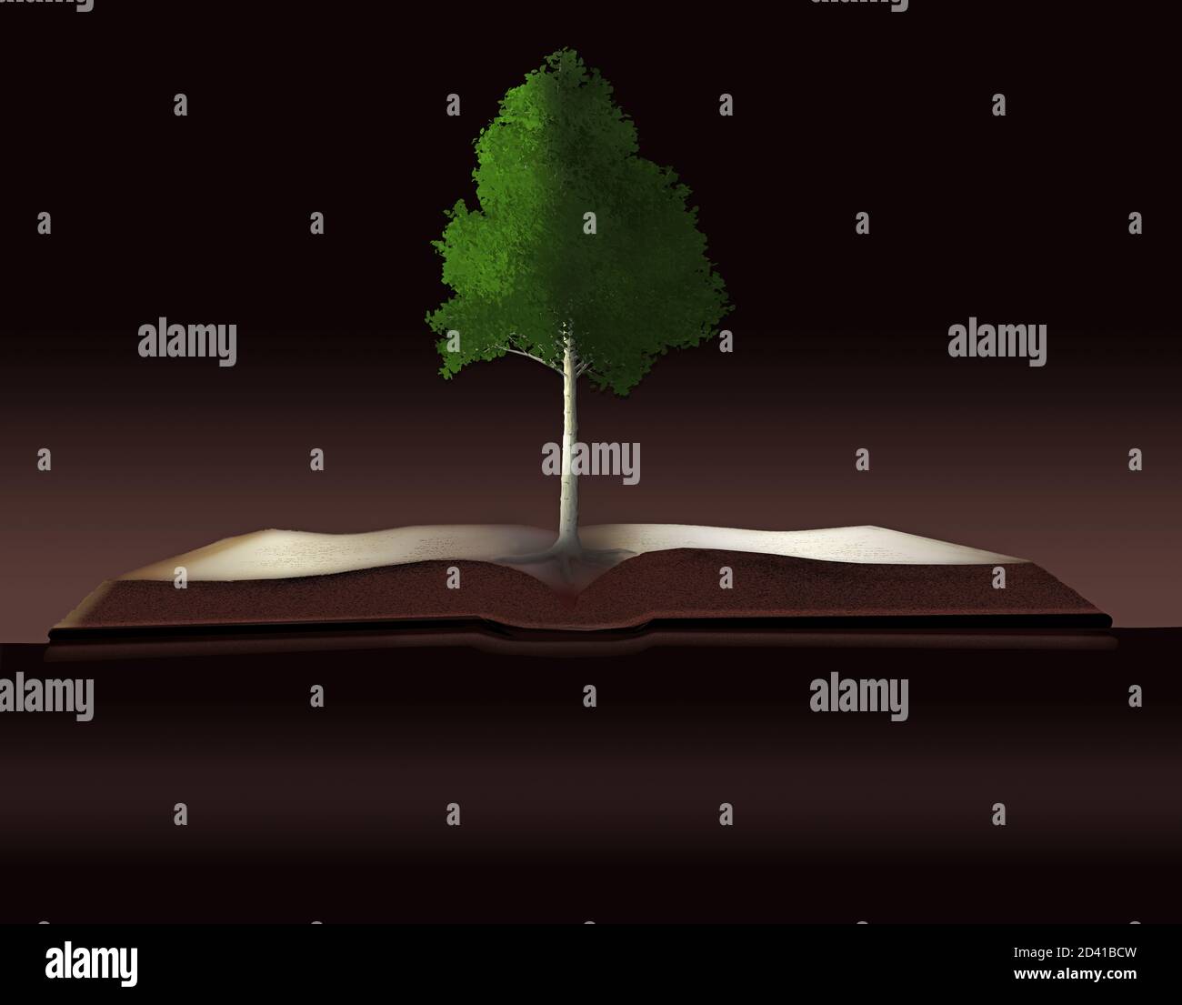 Dendrology, the study of trees is illustrated with a tree growing out of a book. Also illustrates the tree of knowledge and sustainability of wood. Stock Photo