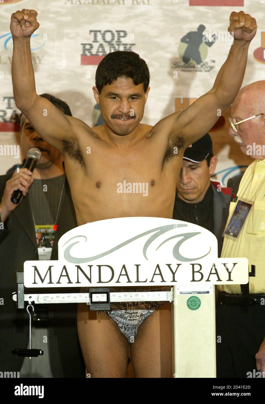 Yory Boy Campas of Navajoa, Mexico weighs in at the Mandalay Bay Events Center in Las Vegas, Nevada, May 2, 2003. Campas (80-5) challenges WBC/WBA super welterweight champion Oscar De La Hoya (35-2) of Los Angeles at the events center May 3. REUTERS/Steve Marcus  SM/GAC Stock Photo