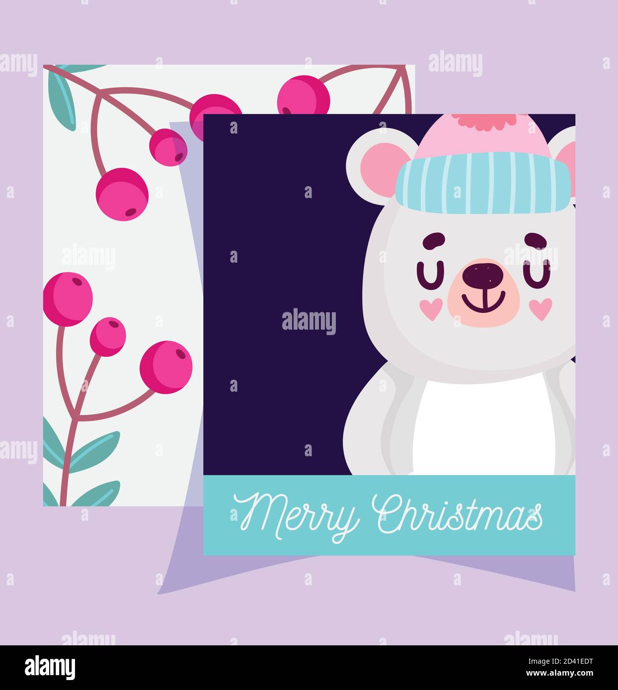 merry christmas, bear with hat holly berry banner vector illustration ...