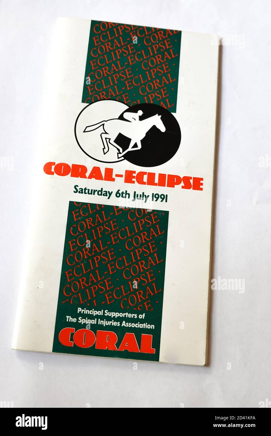 Official race racecard program for the Coral Eclipse Saturday 6th July 1991. Run at Sandown park and won by Environment Friend at 28-1 Stock Photo