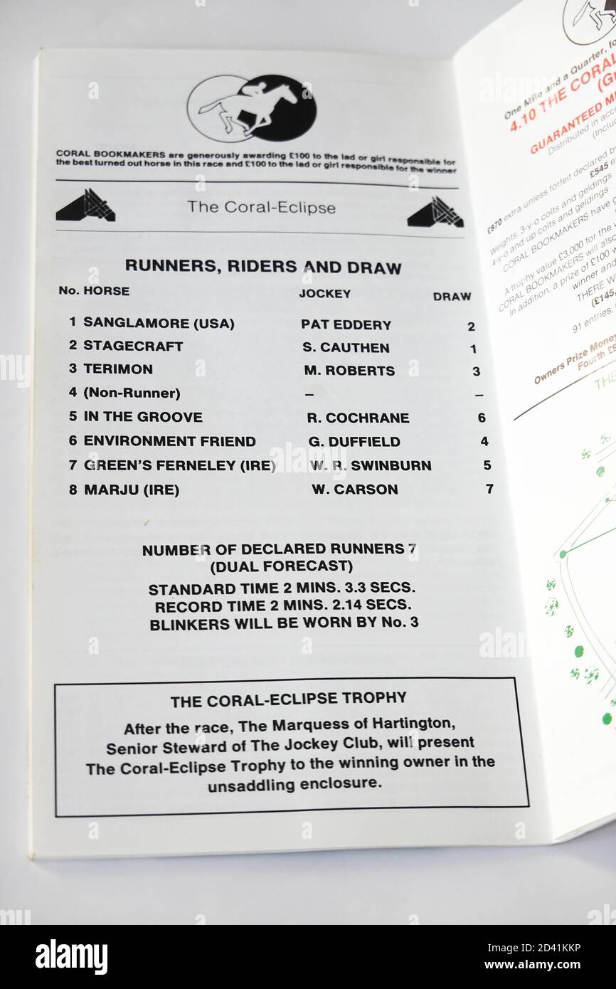 Official race racecard program for the Coral Eclipse Saturday 6th July 1991. Run at Sandown park and won by Environment Friend at 28-1 Stock Photo