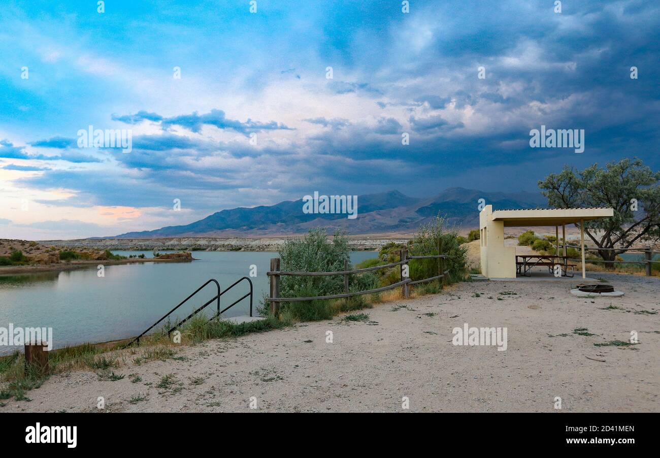 LOVELOCK, NEVADA, UNITED STATES Aug 07, 2018 A camp site overlooks the reservoir at Nevada's