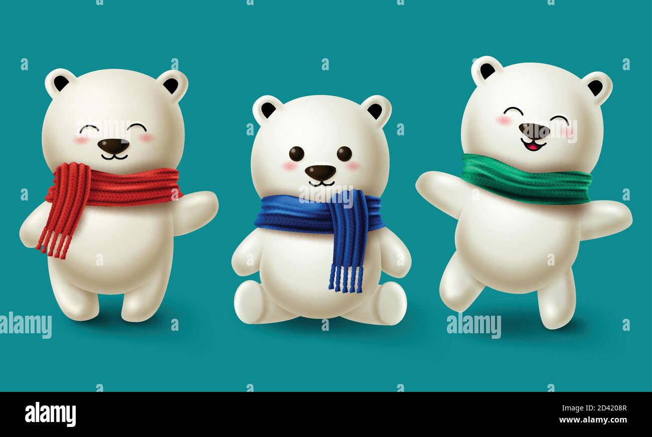 Winter bears character vector set. Teddy bear or polar bear 3d cartoon  characters collection wearing scarf for winter season design in blue  background Stock Vector Image & Art - Alamy