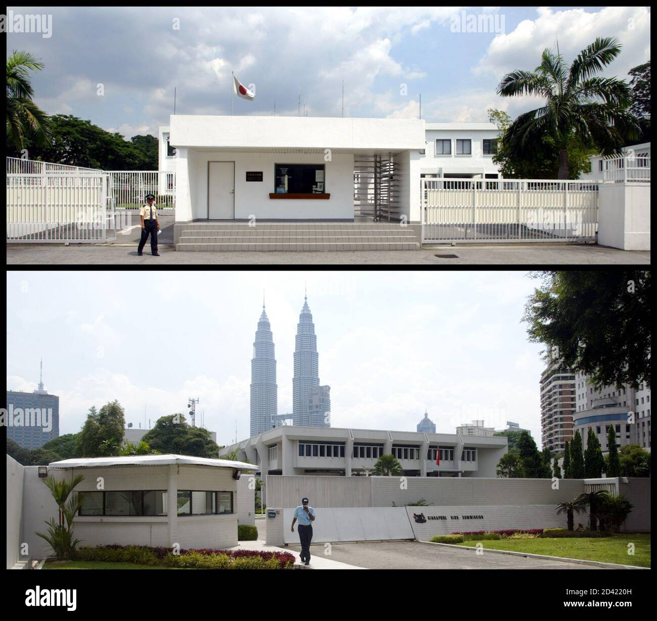 A Combo Picture Shows Security Guards Outside The Japanese Top And Singapore Embassy In Kuala Lumpur On April 28 2004 The Japanese And Singapore Embassies In Malaysia Have Received Threats Over The