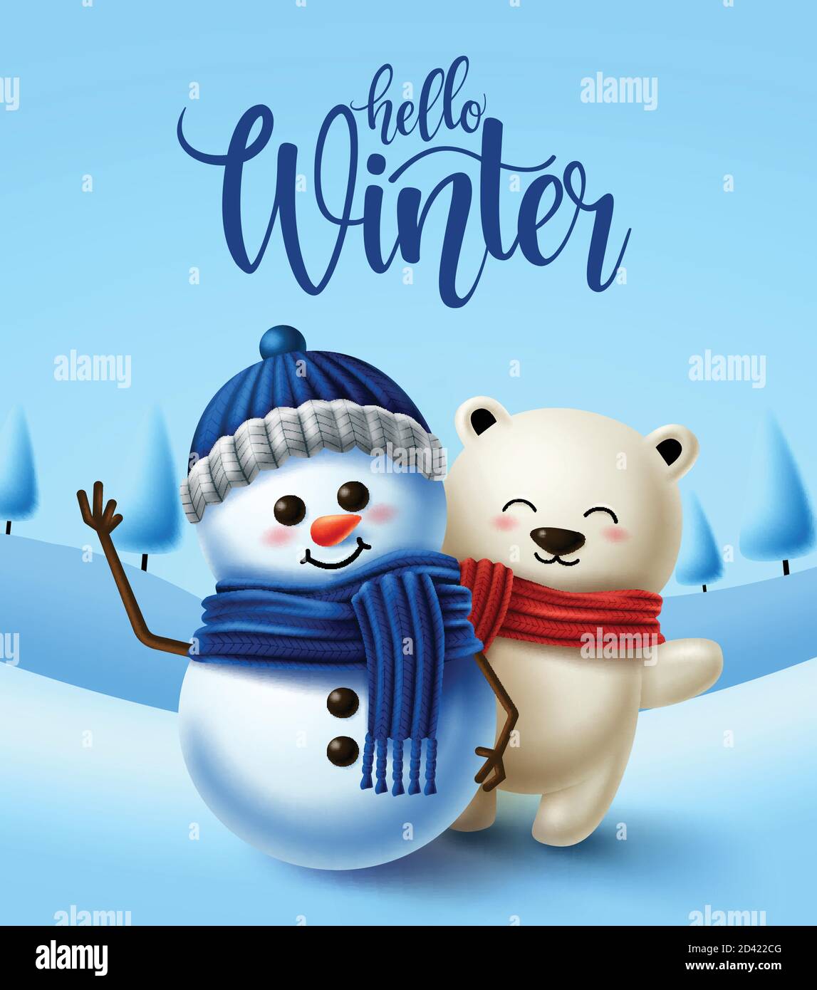 Winter character vector background design. Hello winter greeting text with 3d snowman and polar bear characters in cold snowy background. Vector Stock Vector