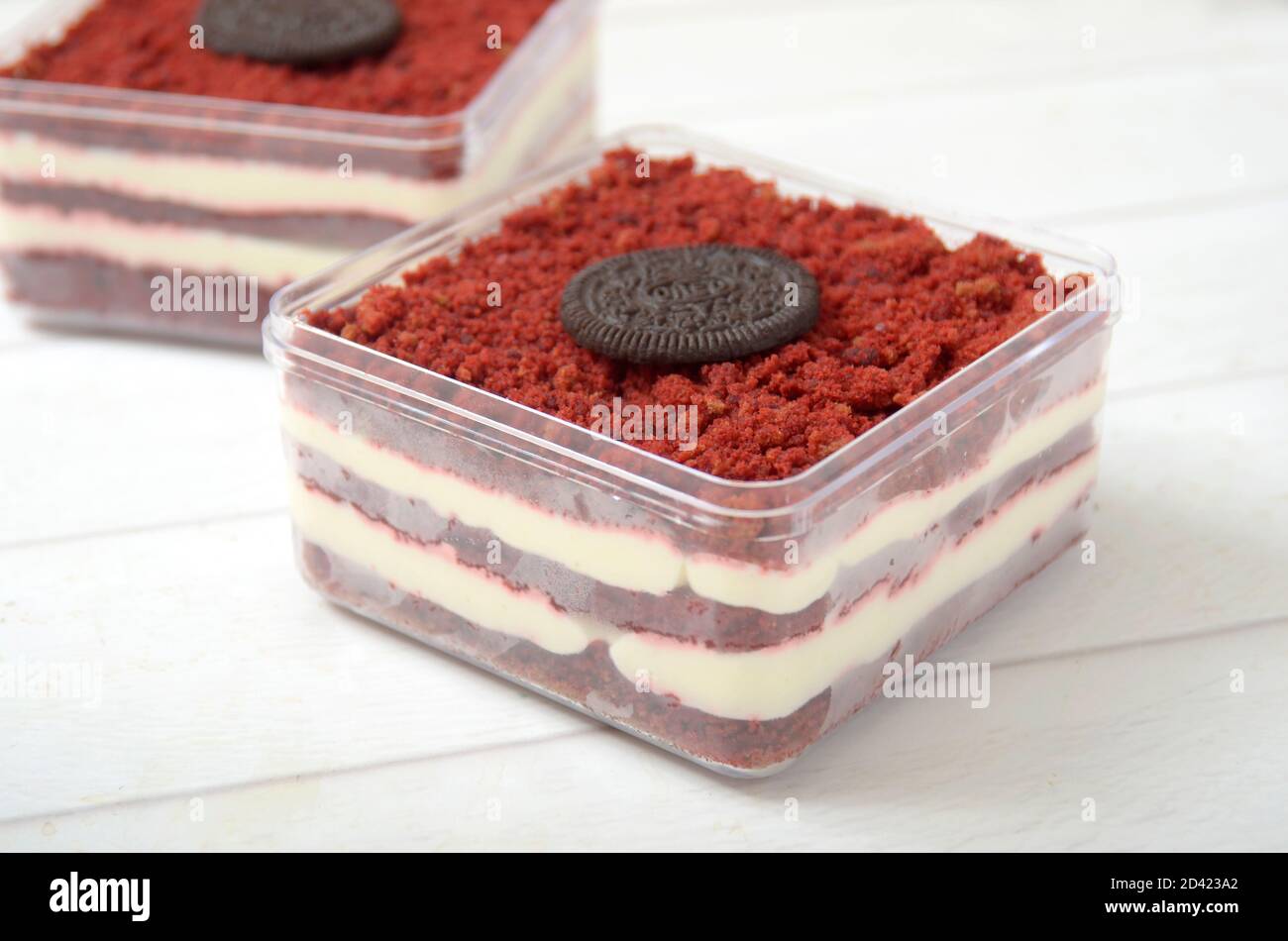Dessert Box Red velvet in a jar with chocolate biscuit as a topping