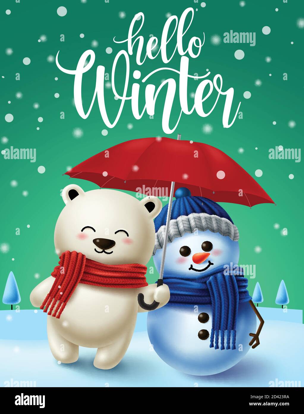 Winter character vector background design. Hello winter text in snowy winter background with 3d polar bear and snowman characters for winter season Stock Vector