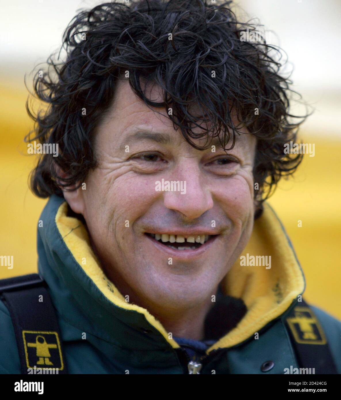 PHOTO TAKEN 02FEB05 - France's Jean le Cam celebrates his second place in  the Vendee Globe sailing race at Les Sablesa d'Olonne on France's Atlantic  coast, February 2, 2005. [France's Vincent