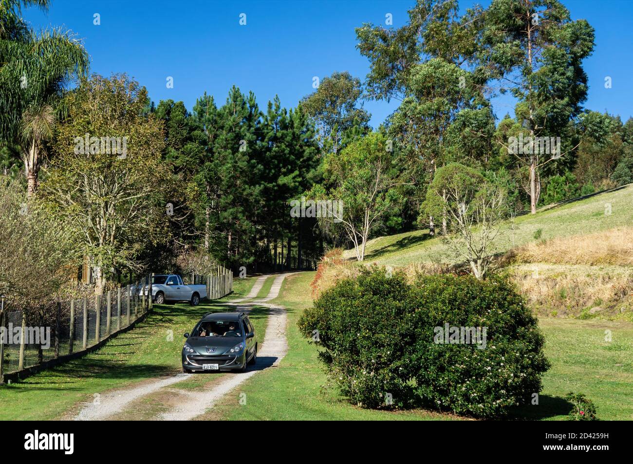 A car arriving at Wolkenburg brewery by the dirt path road surrounded by green vegetation during a sunny day and under clear blue sky. Stock Photo