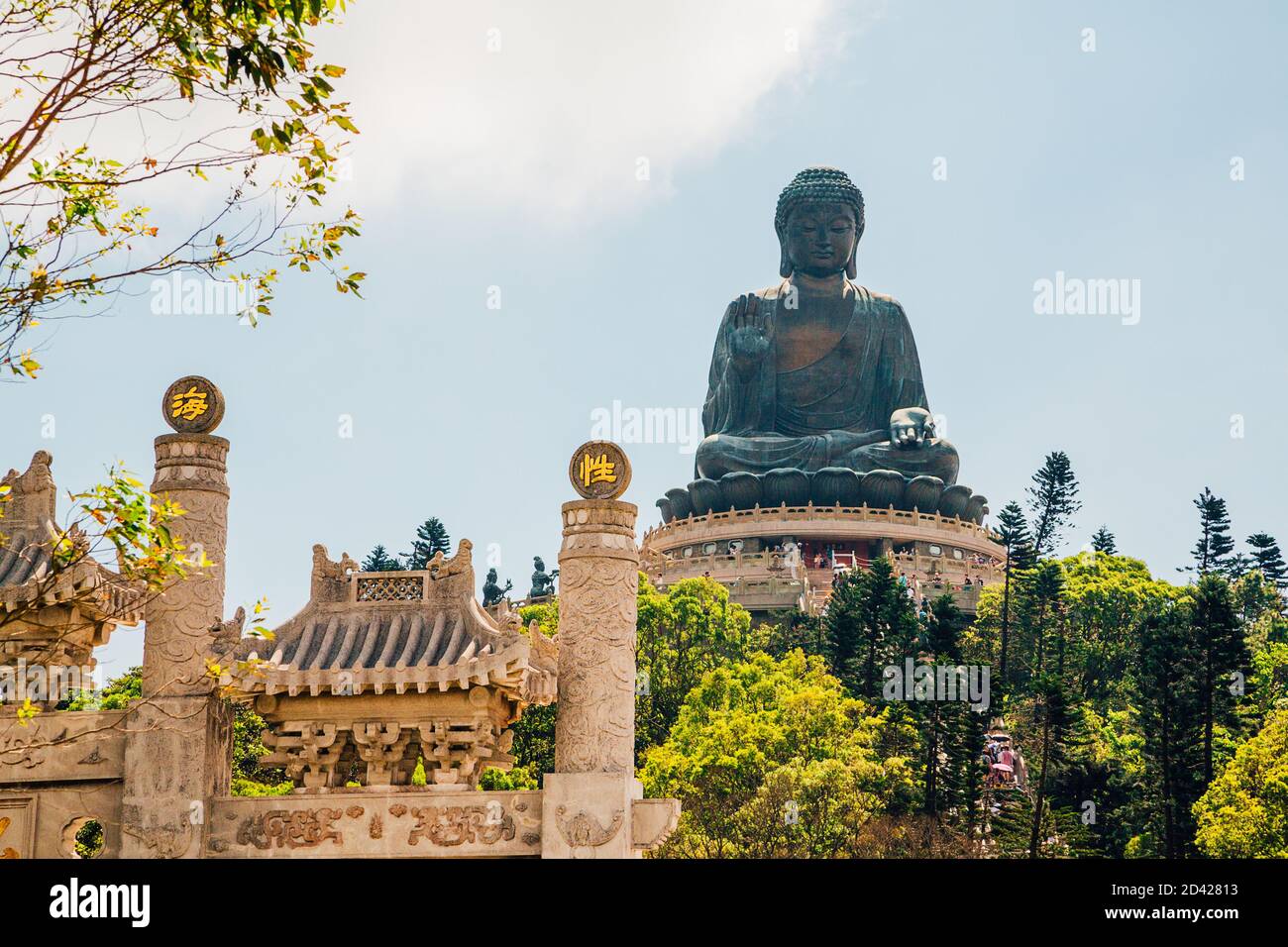 Low angle shot of the world's tallest outdoor seated bronze Buddha located in Nong ping, Hong Kong Stock Photo