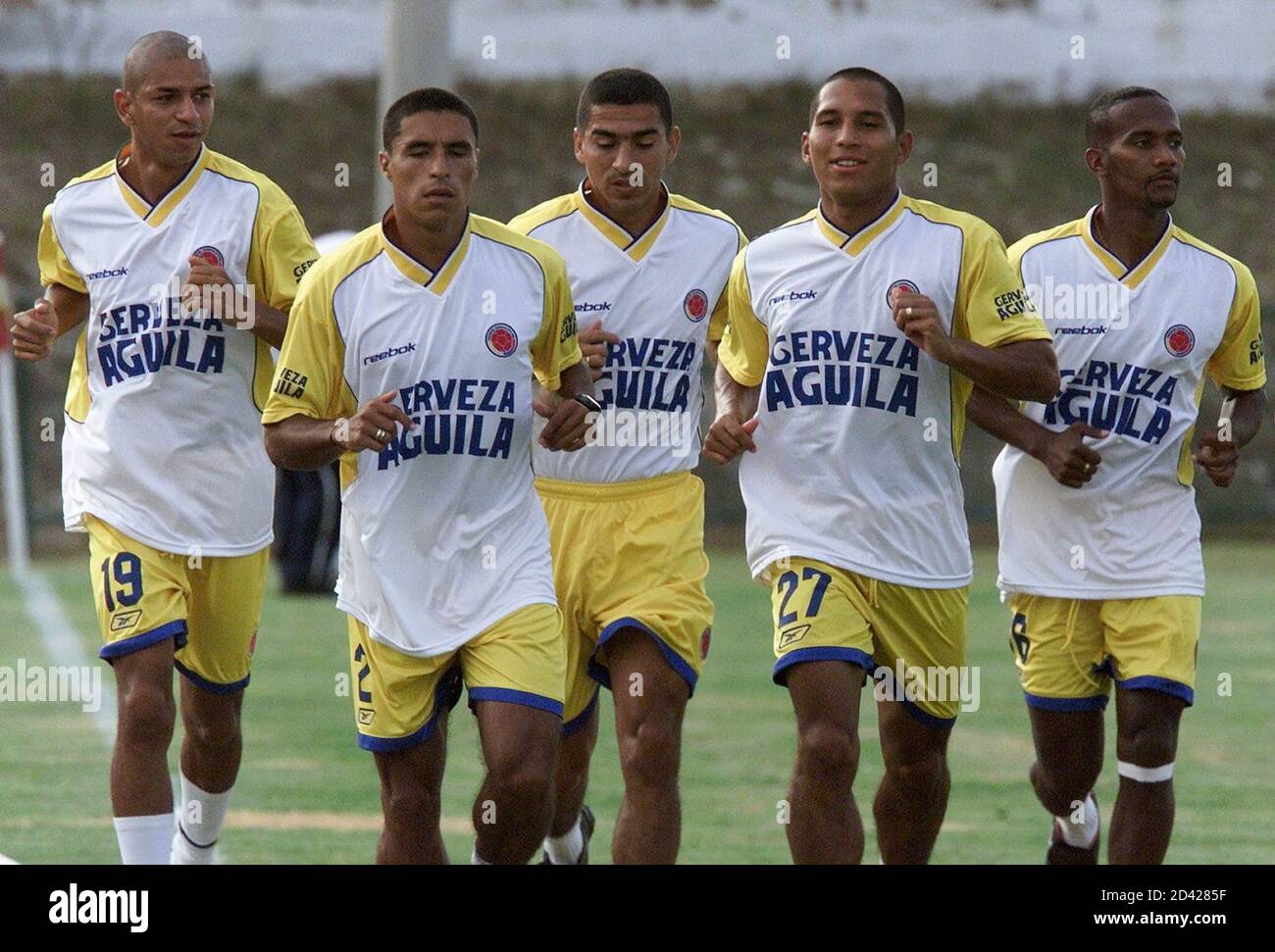 Colombia S Ltor Freddy Grisales Ivan Cordova Victor Aristizabal John Restrepo And Gerson Gonzalez Jog During A Training Session In Barranquilla July 12 01 Colombia Will Face Ecuador In A Second Round Copa
