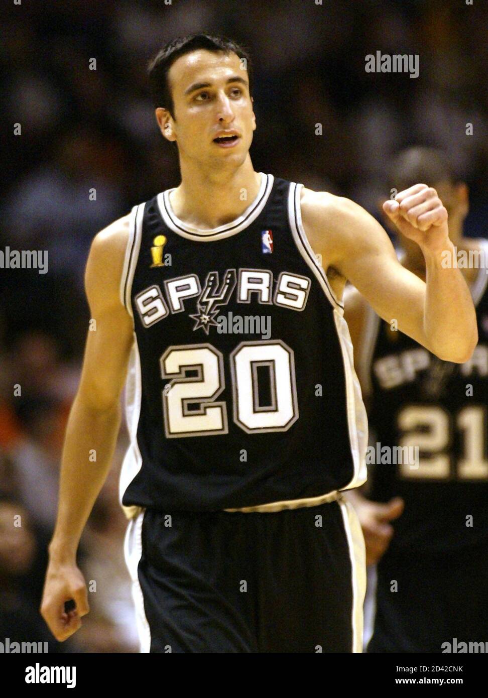 San Antonio Spurs forward Emanuel Ginobili reacts to the Spurs 93-83 win  over the New Jersey Nets in Game 5 of the NBA Finals in East Rutherford,  New Jersey, June 13, 2003.