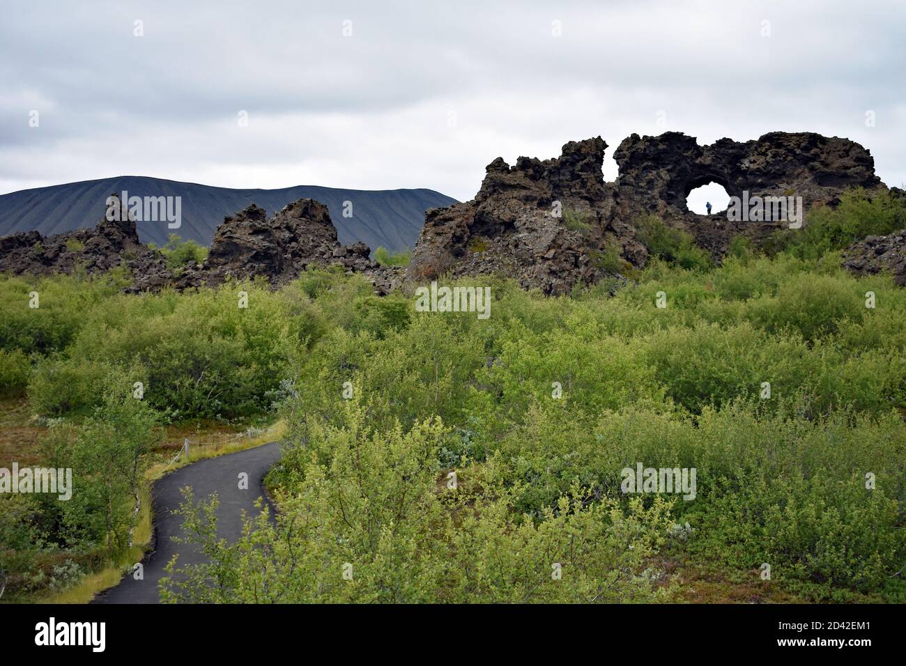 The lava field at Dimmuborgir in Lake Myvatn, North Iceland. A pedestrian path through the trees. A lava window with a visitor inside. Hverfell behind. Stock Photo