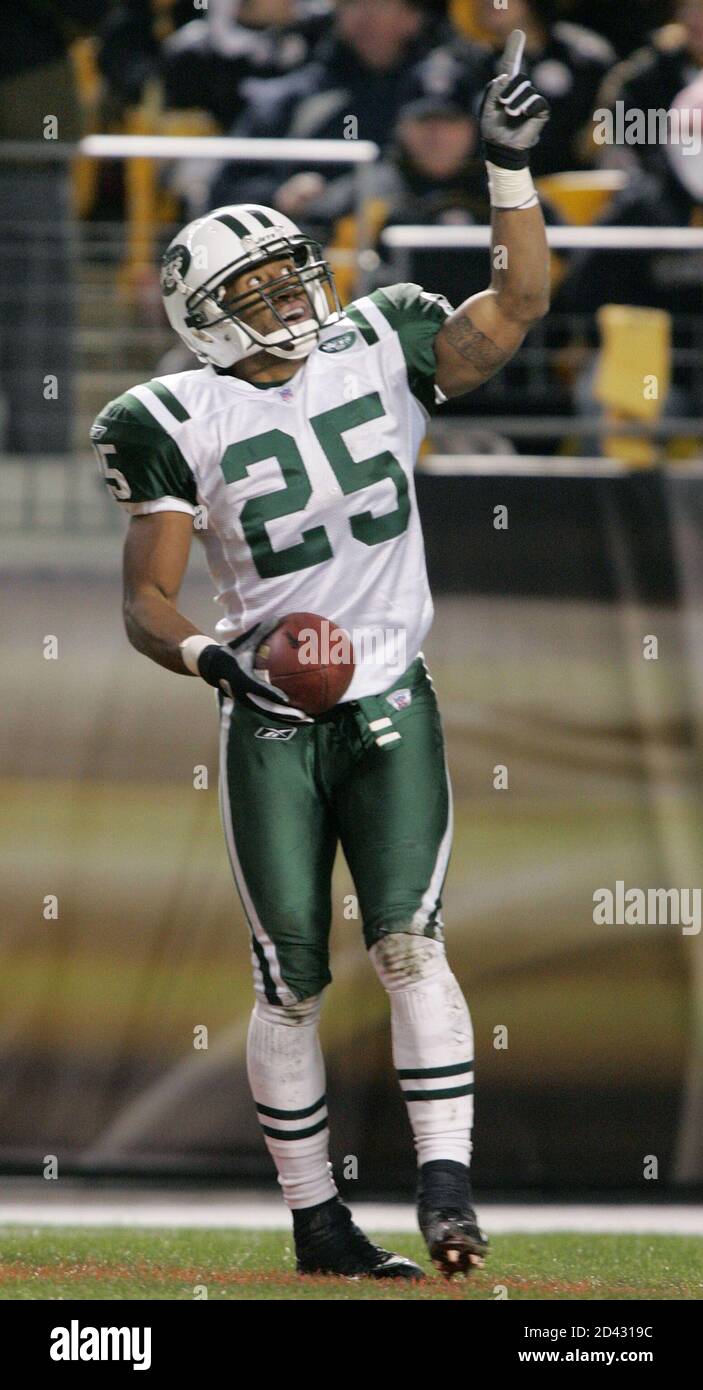 New York Jets Reggie Tongue celebrates after he took an interception 86  yards for a touchdown during third quarter action against the Pittsburgh  Steelers in their AFC Divisional playoff game in Pittsburgh,