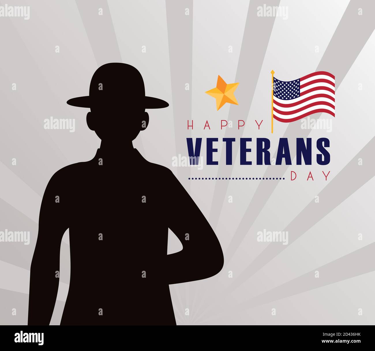 happy veterans day lettering with soldier black silhouette vector ...