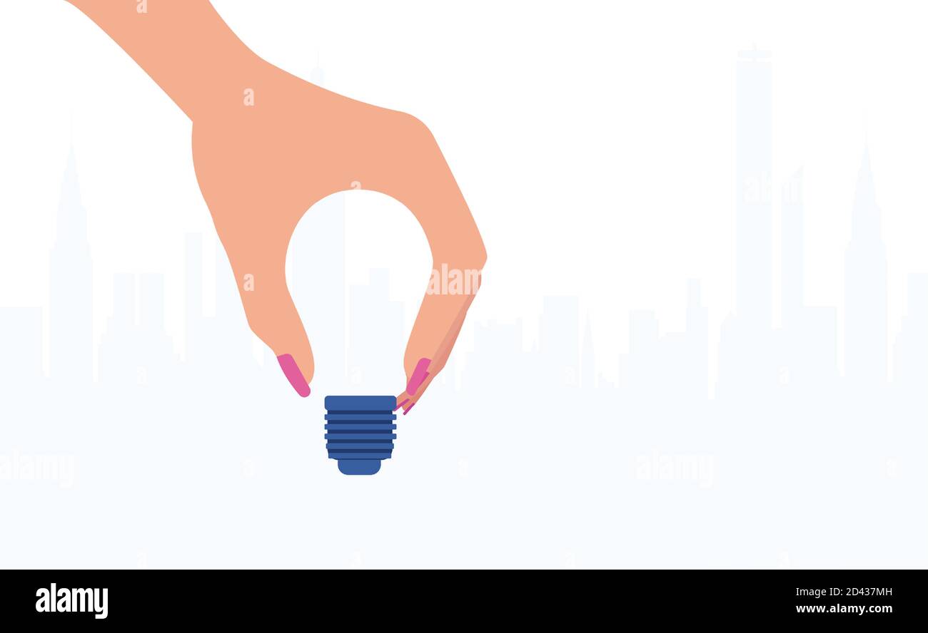 Vector of woman hand holding light bulb on a cityscape background Stock ...