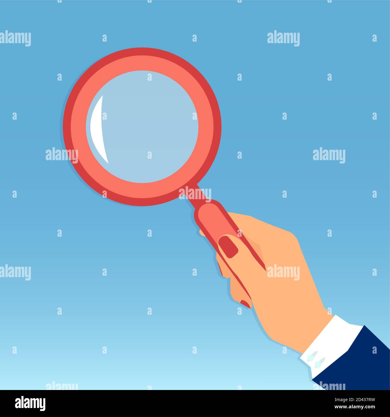 Vector of a female hand holding a magnifying glass isolated on blue background Stock Vector