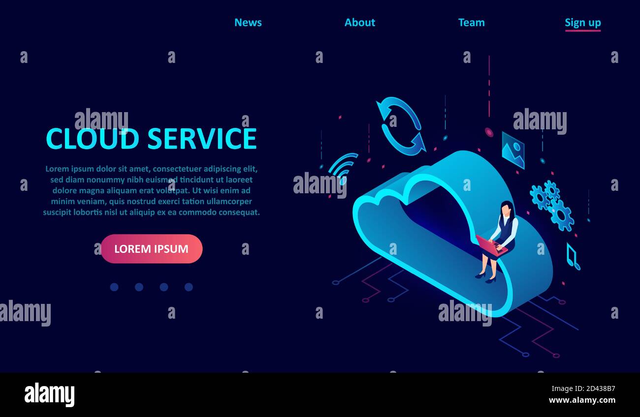 Vector of a woman working on laptop computer using cloud service Stock Vector