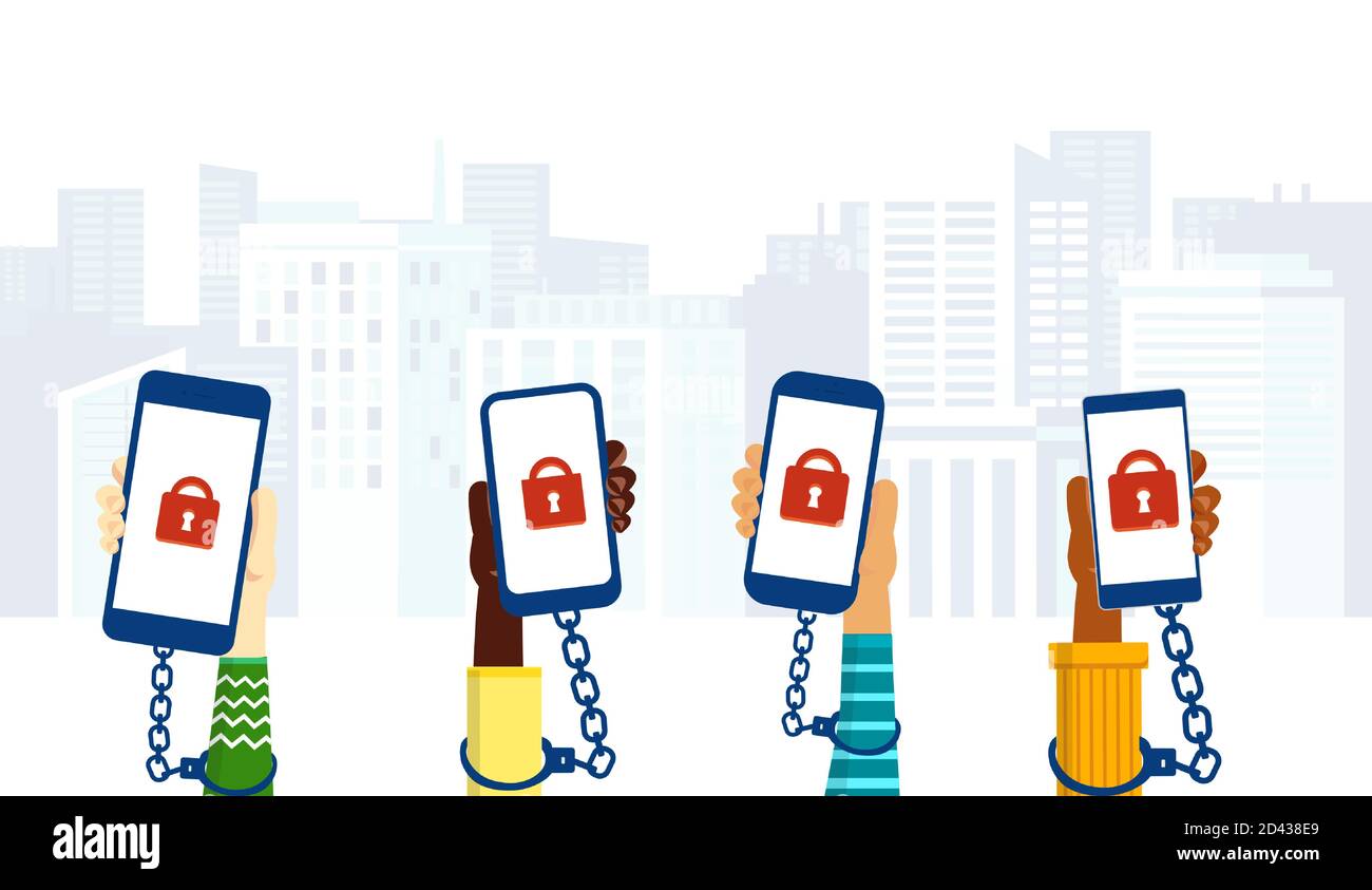Internet addiction and cellphone addiction concept. Vector of children hands chained to smartphones Stock Vector