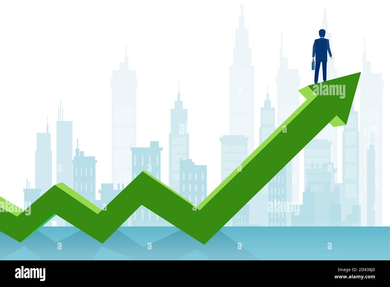 Vector of a successful businessman standing on a green arrow growing up looking at a city Stock Vector