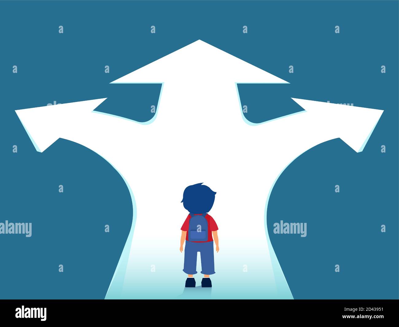 Vector of a little boy with backpack standing at crossroads thinking which way to go Stock Vector