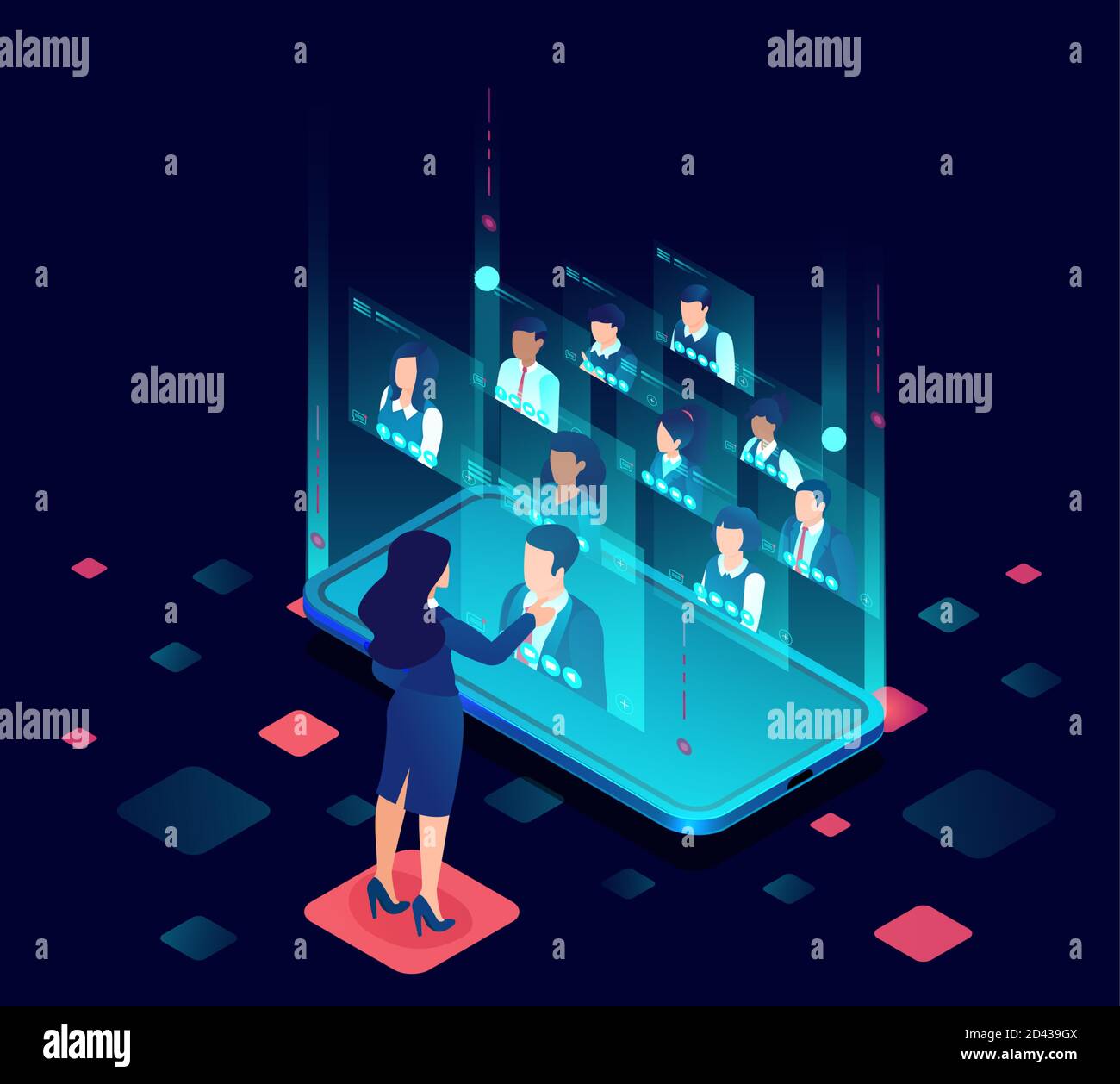 Vector of a businesswoman having a conference online call with her business team using modern technology Stock Vector