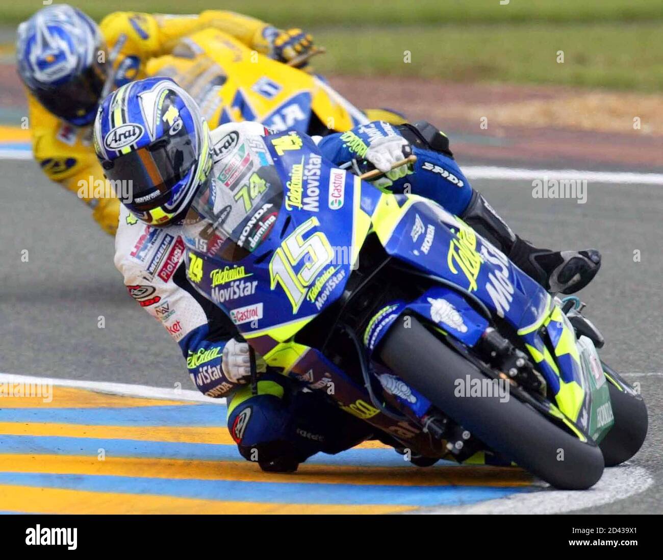 Honda MotoGP rider Sete Gibernau of Spain leads Japanese Honda rider Tohru  Ukawa in the French Motorcycling Grand Prix at the Le Mans race track May  25, 2003. Gibernau edged out world