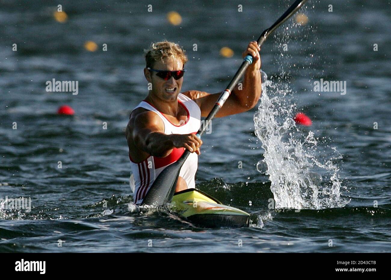 Bjoern Goldschmidt of Germany competes in the semifinals of the men's K1 1000 metres kayak flatwater race during the Athens 2004 Olympic Games August 25, 2004. Stock Photo